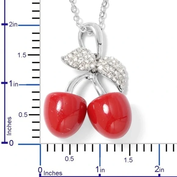 Cherry Pendant Necklace Red Austrian Crystal Rhinestone Silvertone 29” Coquette - Picture 8 of 8